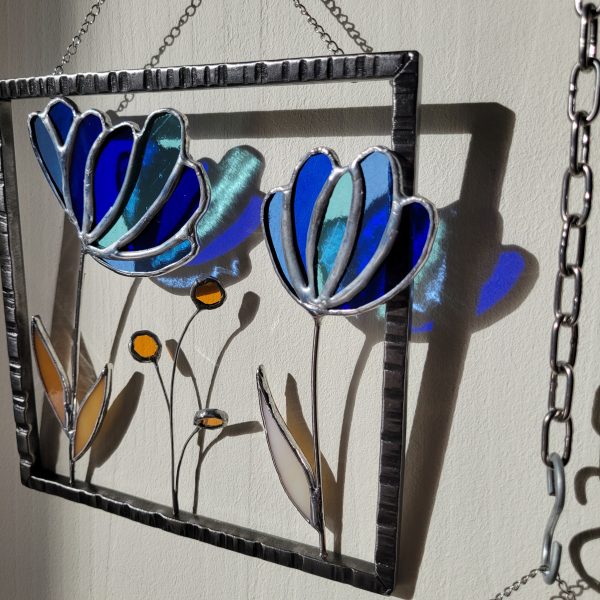 Triptyque Floral en Verre et Fer Forgé – Décoration Murale Artisanale (3 cadres suspendus)