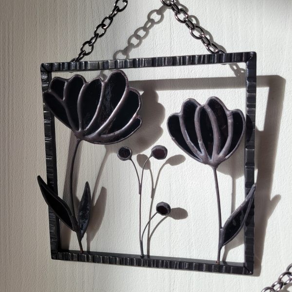 Triptyque Floral en Verre et Fer Forgé – Décoration Murale Artisanale (3 cadres suspendus)