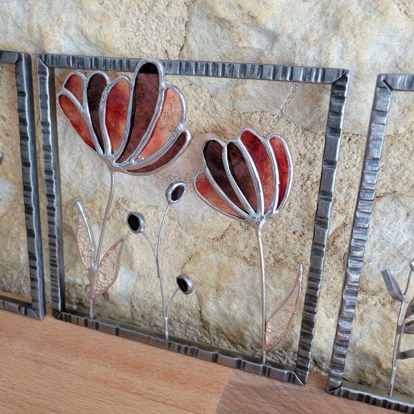 Triptyque Floral en Verre et Fer Forgé – Décoration Murale Artisanale (3 cadres suspendus)