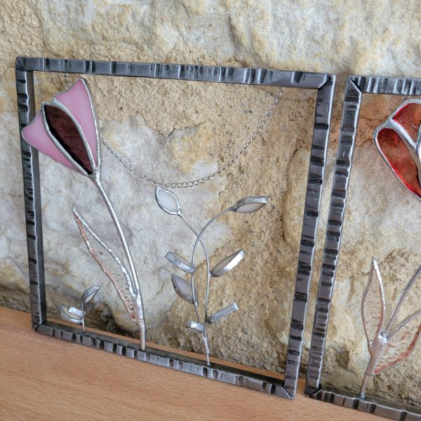 Triptyque Floral en Verre et Fer Forgé – Décoration Murale Artisanale (3 cadres suspendus)
