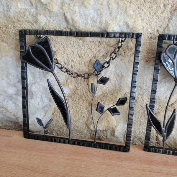 Triptyque Floral en Verre et Fer Forgé – Décoration Murale Artisanale (3 cadres suspendus)
